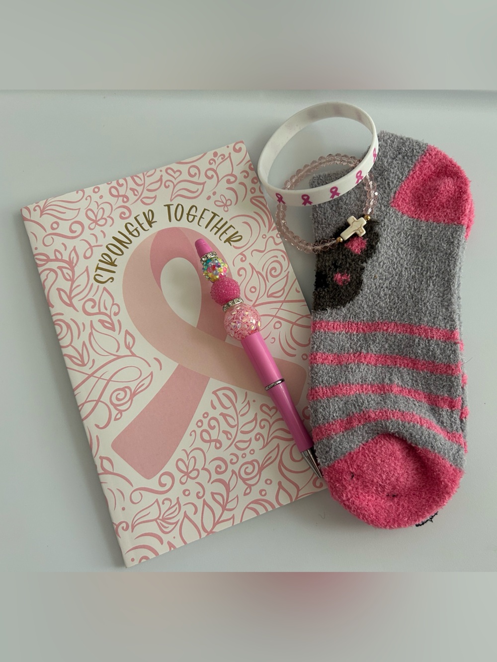 Breast Cancer Awareness Gift Bundle Notebook Handmade Beaded Pen Socks Bracelets